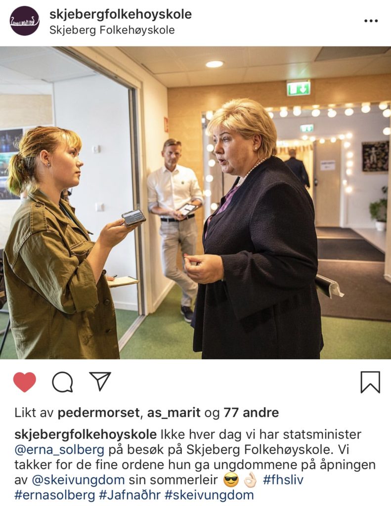Erna Solberg, Skeiv Ungdom, Skjeberg Folkehøgskole, intervju, sommerleir, instagram