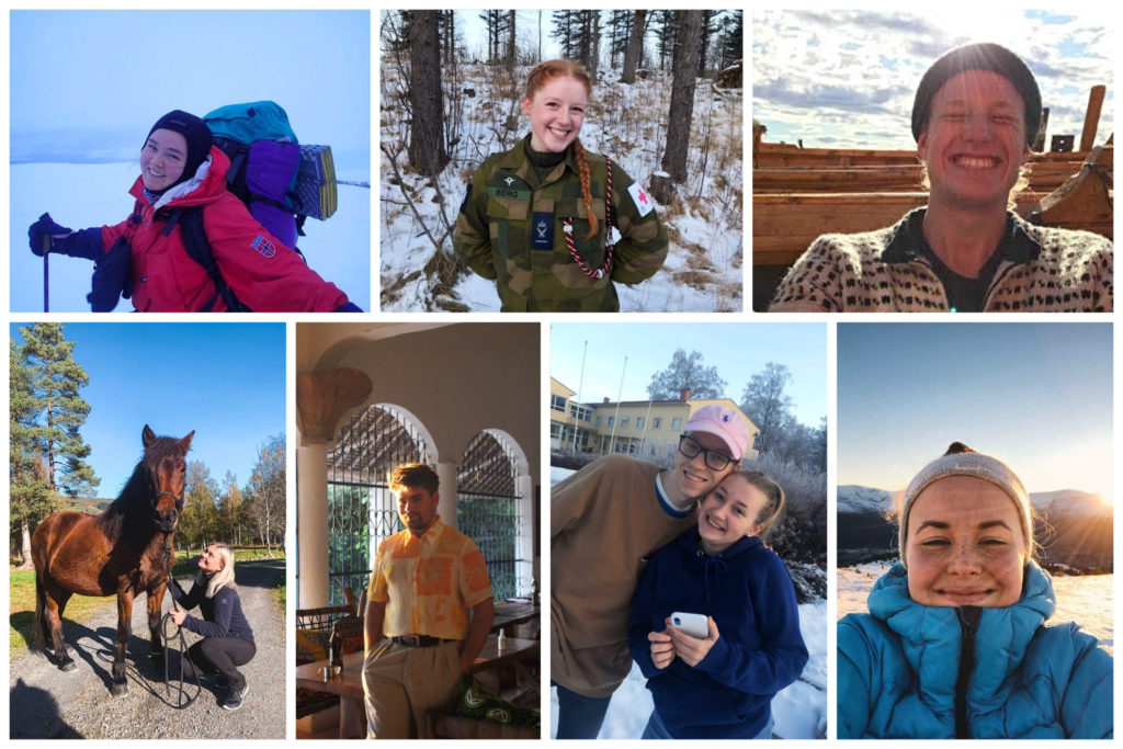 Collage med bilder av sju folkehøgskolelever.