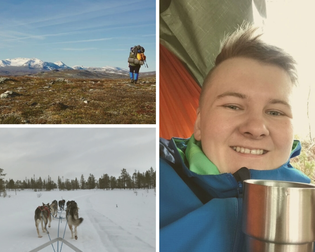 Collage med bilder fra året til en elev. Nærbilde i hengekøye med kopp, bilde bakfra med sekk på fjjellet og bilde fra hundespannkjøring.