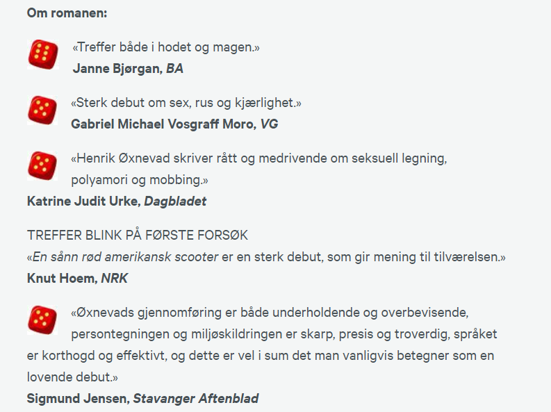 skjermbilde av ulike kritikker av debutromanen