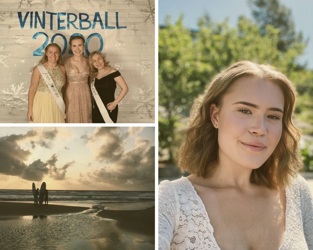 Samling av bilde fra et folkehøgskole år. Nærbilde av kvinnelig elev, gruppebilde av kvinnelige elever på vinterball og bilde fra strandkanten.