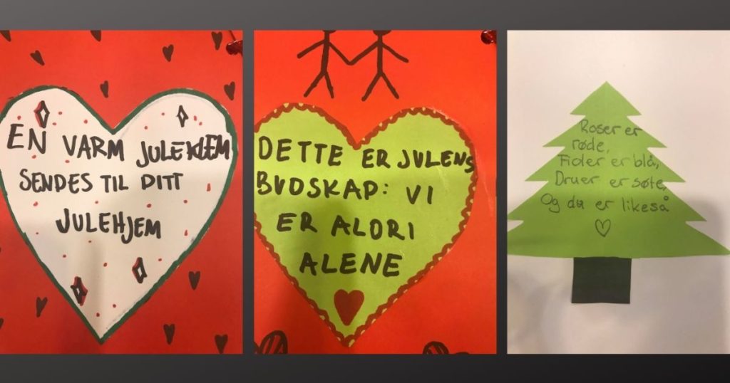 julekort, bilde, tegninger, hjerte og juletre, Agder folkehøgskole