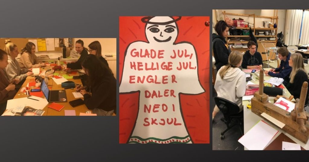 elever, gruppebird, julekort, skriver kort